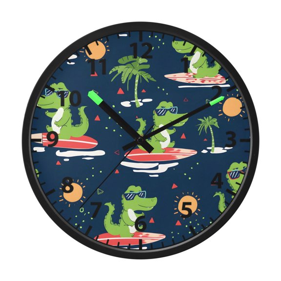 Green Crocodile Surfing Pattern Wall Clock 12 Inch Voice Activated Night Light Silent Non Ticking