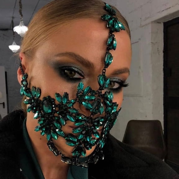 Green Crystal Face Mask Halloween Mask Women Masquerade Mask Rhinestone Face Jewelry
