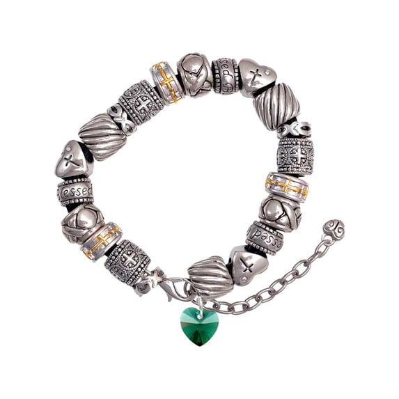 Green Crystal Heart Silver Tone Christian Bead Bracelet