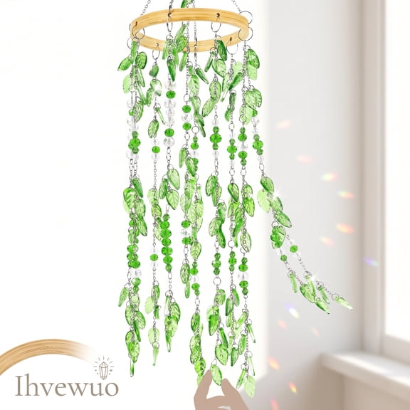Rainbow Maker Crystal Suncatcher Plant Decor - 23.2 Inch Ready to Hang Boho Sun Catcher for Indoor Window, Green Glass Prisms, 1 Pc