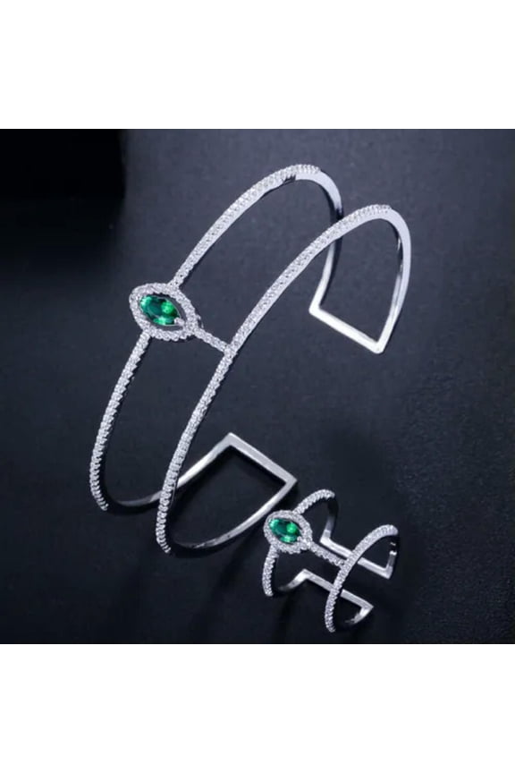 Green Cubic Zirconia CZ Stone Big Round Cuff Bangle Ring for Women Jewelry Set