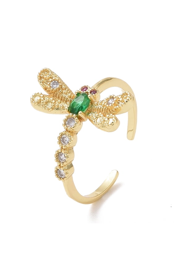 Green Cubic Zirconia Dragonfly Open Ring Brass Jewelry for Women Real 18K Gold Plated US Size 7 1/4(17.5mm)