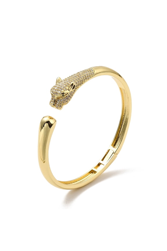 Green Cubic Zirconia Leopard Open Cuff Bangle Brass Jewelry for Women Real 18K Gold Plated Inner Diameter: 2x2-3/8 inch(5.1x5.9cm)