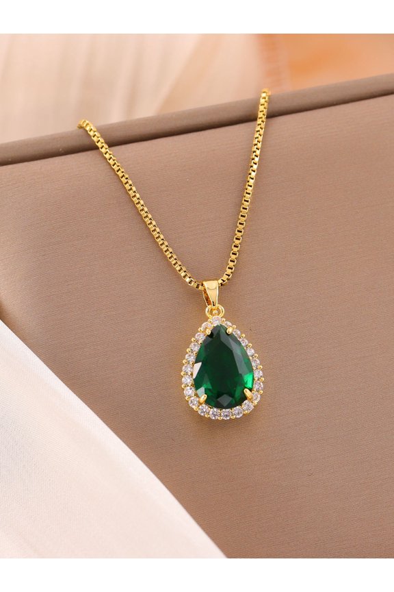 Green Cubic Zirconia Teardrop Pendant Necklace Goldtone Chain