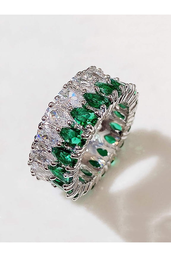 Green Cubic Zirconia Water-Drop Eternity Band Ring For Women Daily Wear