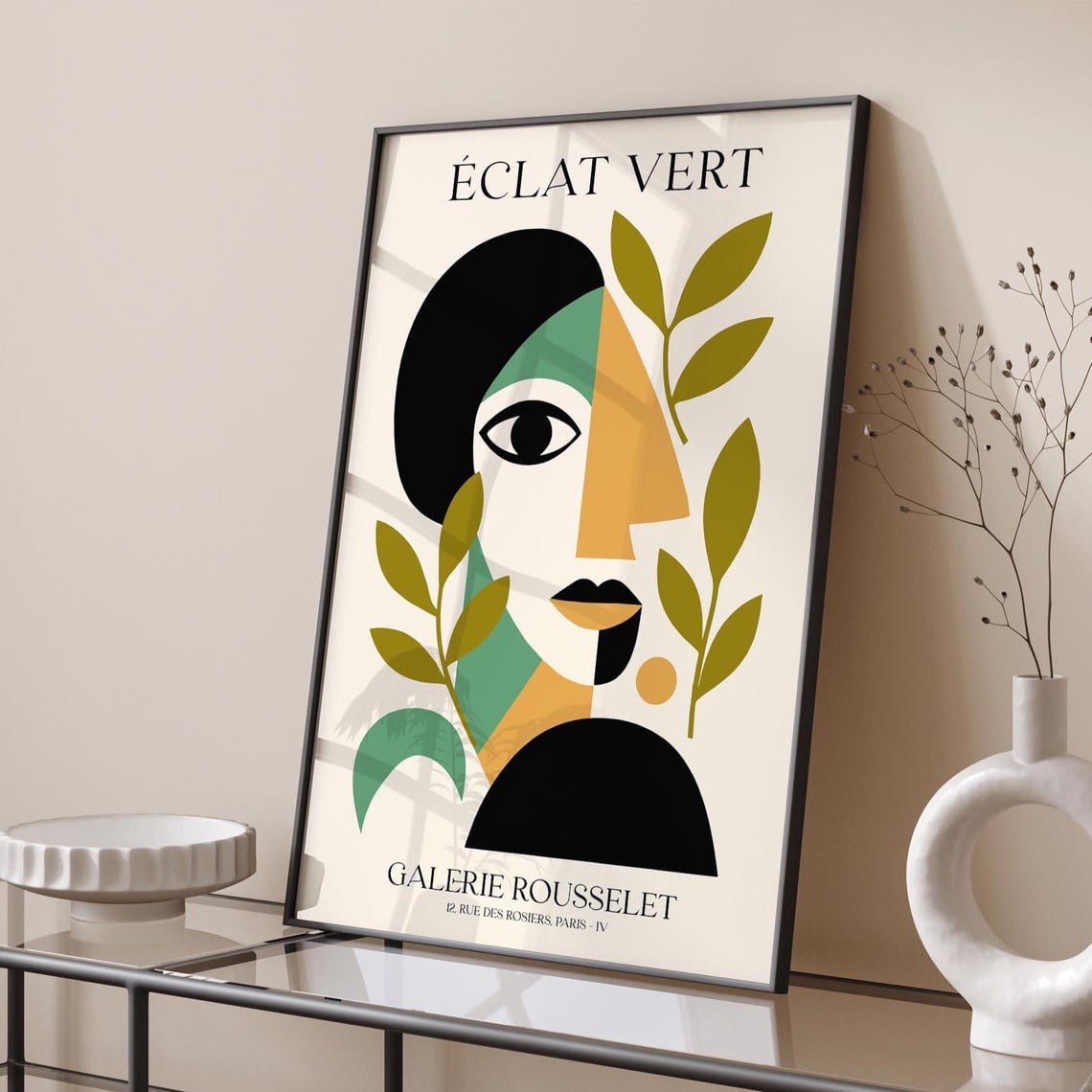 Green Cubist Face Art Abstract Modern Wall Decor Minimalist Poster ...