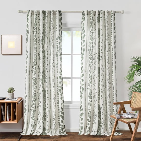 Green Curtains 84 Inches Long 2 Panels Boho Curtains for Living Room Light Filtering Patterned Drapes for Bedroom Linen Style Back Tab Leaf Print Window Treatment, 50 Wide Each Panel