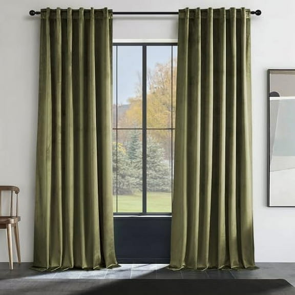 Green Curtains 96 Inches Long for Living Room,Black Out Back Tab Rich Fluff Velvet Curtains Luxury Retro Home Decor Drapes for Bedroom,8FT,52x96 Inch Length,Olive Green
