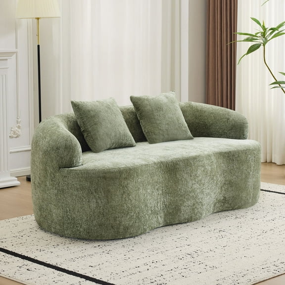 Green Curved Loveseat Sofa with Round Armrest, Teddy Velvet Fabric Compression Couch with 2 Pillows, Cream Couch for Small Space, Living Room, Bedroom, No Assembly