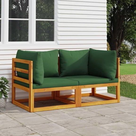 Green Cushions Outdoor Corner Sofa - Solid Acacia Wood Patio Furniture for Garden, Deck, Porch, and Pool Benches