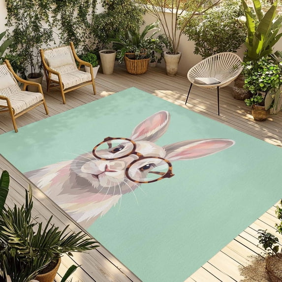 Green Cute Bunny Outdoor Rug for Patio/Deck/Porch, Non-Slip Large Area Rug 5 x 8 Ft, Funny Rabbits Modern Art Indoor Outdoor Rugs Washable Area Rugs, Reversible Camping Rug Carpet Runner