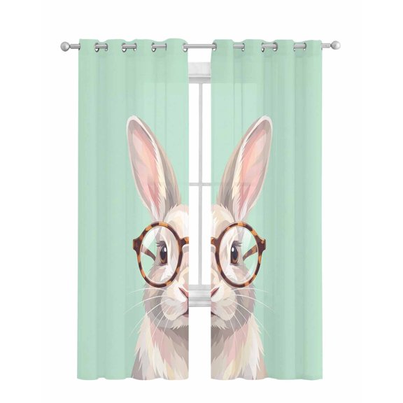 Green Cute Bunny Sheer Curtains 84 Inch Length 2 Panels Set for Living Room/Bedroom, Funny Rabbits Modern Art Kitchen Curtains Grommet Semi-Sheer Curtains Drapes Voile Window Treatments 52"x84"x2