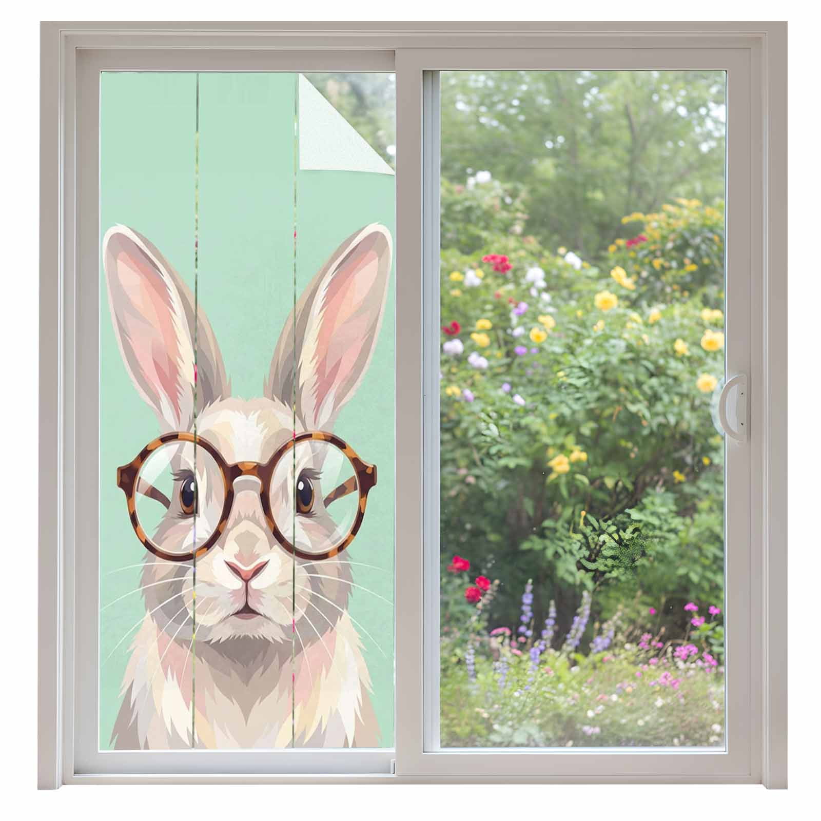 Green Cute Bunny Window Privacy Film, Funny Rabbits Modern Art Static ...
