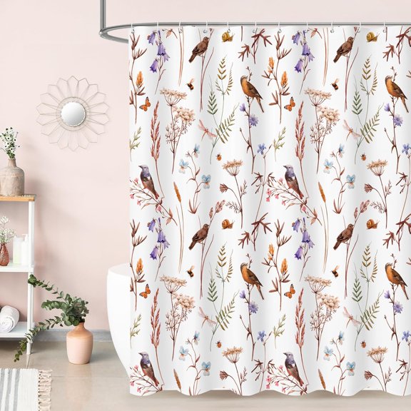 Green Cute Floral Shower Curtain, Watercolor Birds, Butterflies Flower Shower Curtains for Chic Bathroom, Nature-Inspired Garden Fabric Shower Curtain, 60x72in