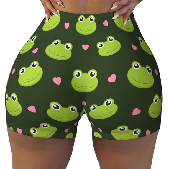 Green Cute Frog Pattern Workout Shorts For Women Scrunch Butt Lifting Yoga Gym Seamless Booty Biker Shorts Small