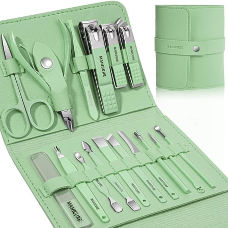 Green Cutics Nail Clippers Set - 16-Piece Stainless Steel Manicure Pedicure Kit with Travel Case - Durable Sharp Tools for Fingernail & Toenail Care - Perfect Gift for Wife, Girlfriend, Cute Girl