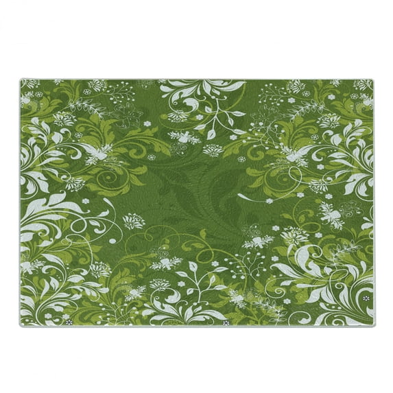 Green Cutting Board, Abstract Floral Ornaments Nature Inspired Branches Leaves, Decorative Tempered Glass Cutting and Serving Board, Small Size, Apple Green Fern Green, by Ambesonne
