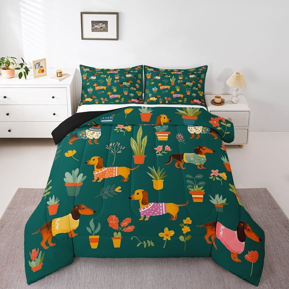 Green Dachshund Down Comforter Queen,Colorful Floral Flower Comforter Set,Cartoon Sausage Dog Bedding,Garden Pastoral Quilt with 2 Pillow Cases Bedroom Decor,Luxury Soft