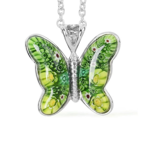 Green Dainty Butterfly Necklace for Women Murano Style Millefiori Glass Cute Aesthetic Beach Jewelry Friendship Women for Friend Mom 24" Birthday Christmas Gifts