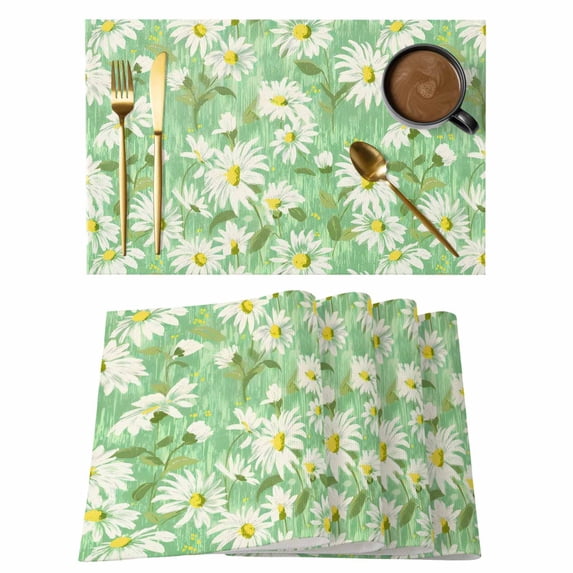 Green Daisy Floral Placemats Set of 8 Spring Watercolor Flower Leaf Plant Place Mats Indoor Wipeable Table Mats Washable Cloth Dining Table Placemats for Kitchen Holiday Party Home Decor 13x19 Inch
