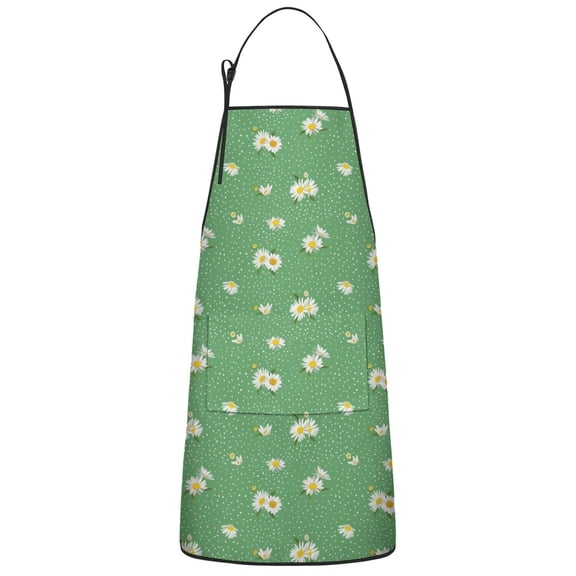 Green Daisy Flower Floral Pattern Apron-Garden Aprons for Women with Pockets-Cotton Linen Waterproof Kitchen Cooking Gardening Aprons Adjustable for Kitchen,Cooking,BBQ and Salon 33x27 Inch