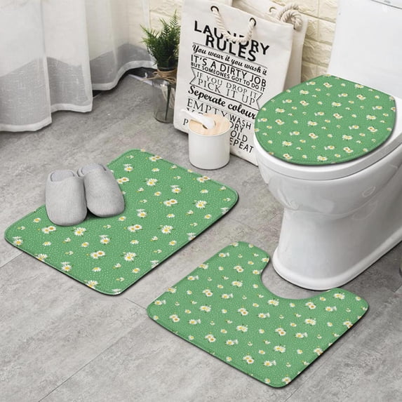 Green Daisy Flower Floral Pattern Bathroom Rugs Sets 3 Piece,Toilet Cover Set,Absorbent Non Slip Bathroom Mats Sets with U-Shaped Contour Rug Toilet Rug Set