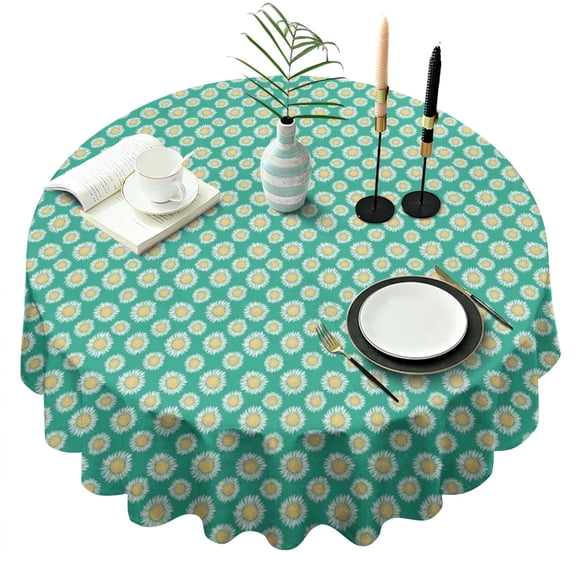 Green Daisy Flower Floral Pattern Round Tablecloth 60"x60",Wrinkle Wipeable Table Cloth for Kitchen Dining Room Picnic Patio Party