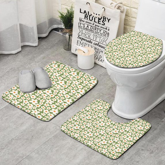Green Daisy Flower Orange Centers Pattern Bathroom Rugs Sets 3 Piece,Toilet Cover Set,Absorbent Non Slip Bathroom Mats Sets with U-Shaped Contour Rug Toilet Rug Set