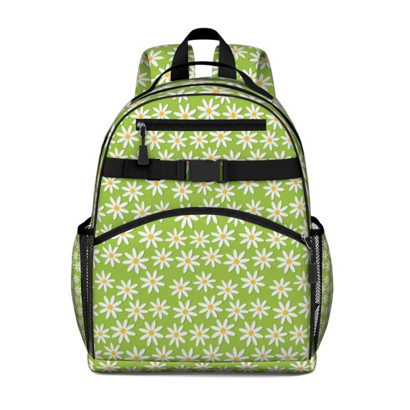 Green Daisy Flower Pattern Backpack for School,Cute School Bag,Schoolbag with Adjustable Shoulder Straps & Padded Back,15.25"x11.5"x5.25"