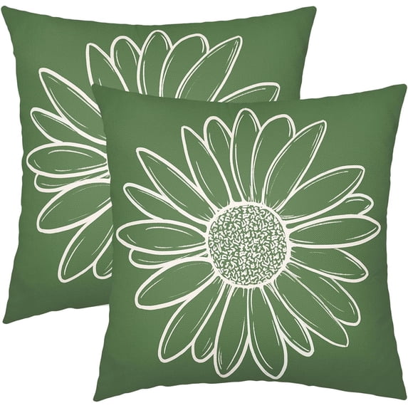 Green Daisy Flower Pillow Covers 18x18 Inch Set of 2 Spring Summer Floral Bloom Decorative Throw Pillows Seasonal Cotton Linen Pillow Cases Farmhouse Home Decor for Cushion Couch Sofa Outdoor