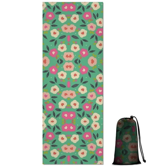 Green Daisy Flower Pink Blooms Pattern Hot Yoga Mat Towel Non Slip for Hot Yoga - Quick-Drying Yoga Mat Cover with 4 Corner Pockets with Travel Bag - Hot Yoga Towel Non Slip 70"x26"
