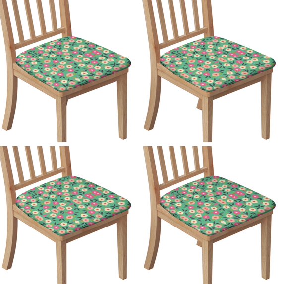 Green Daisy Flower Pink Blooms Pattern Seat Covers for Dining Room Chairs Set Of 4,Stretch Printed Washable Chair Seat Cover with Elastic Ties and Button,Removable Waterproof Couch Cushion Covers