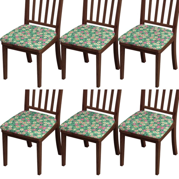 Green Daisy Flower Pink Blooms Pattern Seat Covers for Dining Room Chairs Set Of 4,Stretch Printed Washable Chair Seat Cover with Elastic Ties and Button,Removable Waterproof Couch Cushion Covers