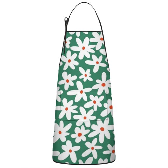 Green Daisy Flower Red Centers Pattern Apron-Garden Aprons for Women with Pockets-Cotton Linen Waterproof Kitchen Cooking Gardening Aprons Adjustable for Kitchen,Cooking,BBQ and Salon 33x27 Inch