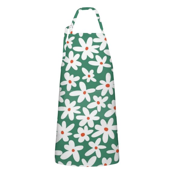Green Daisy Flower Red Centers Pattern Apron-Garden Aprons for Women with Pockets-Cotton Linen Waterproof Kitchen Cooking Gardening Aprons Adjustable for Kitchen,Cooking,BBQ and Salon 33x27 Inch
