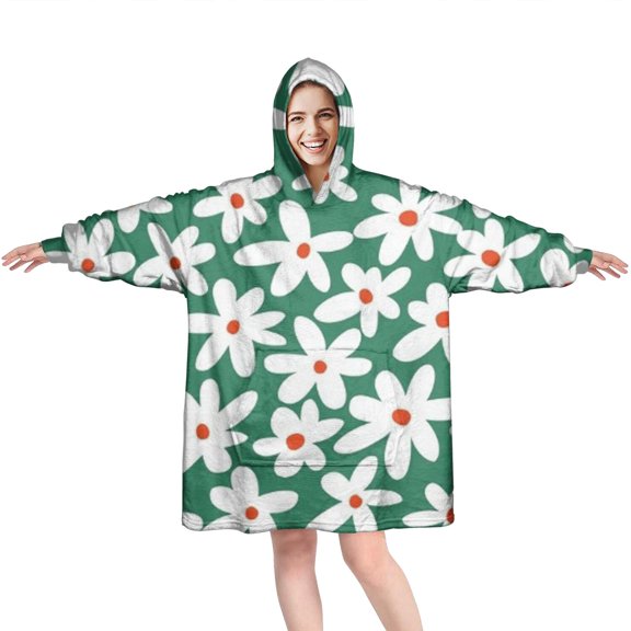 Green Daisy Flower Red Centers Pattern Wearable Oversized Blanket,Wearable Blanket Hoodie for Adults,Cozy Hooded Blankets with Super Pockets,Super Warm Fuzzy Pullover for Women & Men