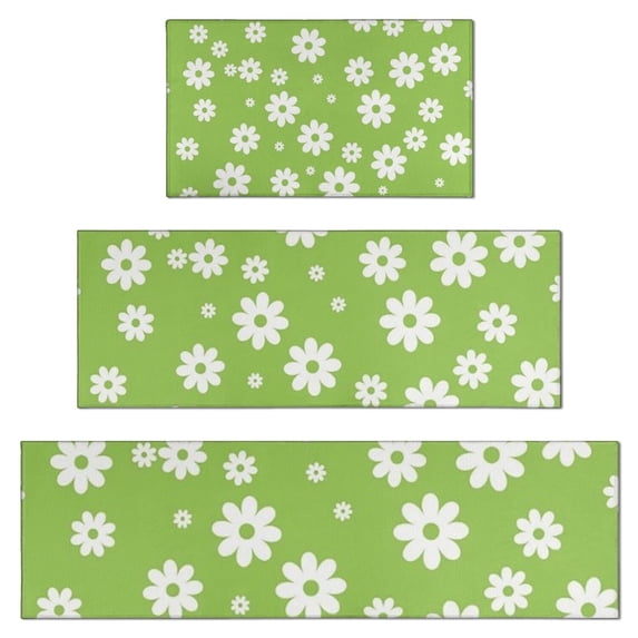 Green Daisy Flower White Blooms Pattern Kitchen Rugs Sets Of 3,Kitchen Runner Rugs Non Skid Washable,Decorative Kitchen Floor Mats for Kitchen,Sink,Laundry,17"x30"+ 17"x47" + 17"x59"