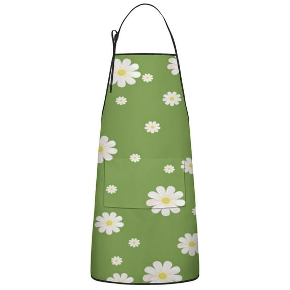 Green Daisy Flower Yellow Centers Pattern Apron-Garden Aprons for Women with Pockets-Cotton Linen Waterproof Kitchen Cooking Gardening Aprons Adjustable for Kitchen,Cooking,BBQ and Salon 33x27 Inch