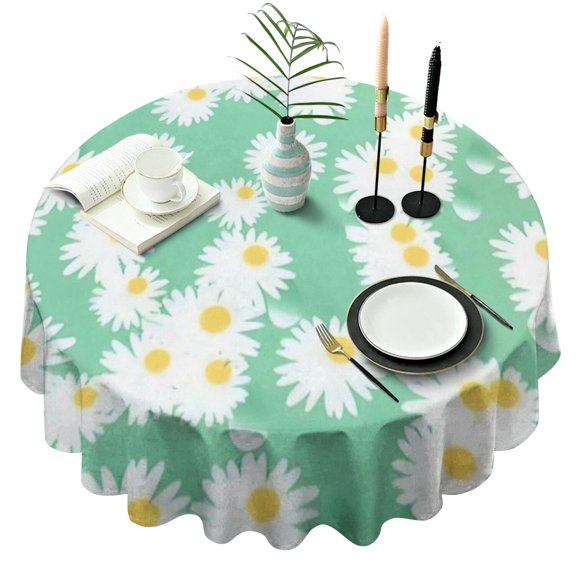 Green Daisy Flower Yellow Centers Pattern Round Tablecloth 60"x60",Wrinkle Wipeable Table Cloth for Kitchen Dining Room Picnic Patio Party