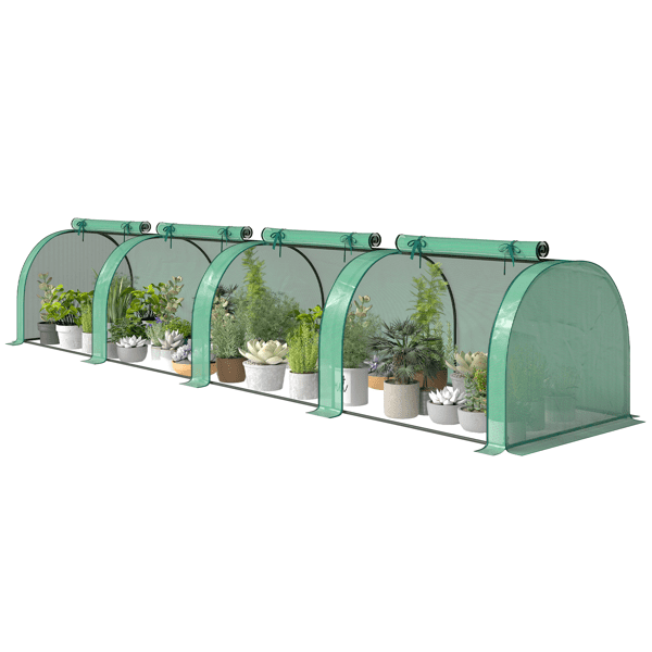 Green & Dark Green Wide Low-Profile Greenhouse with 4 Roll-Up Zipper Doors, UV-Protective PE Cover, Steel Frame, Windproof Level 4 for Balcony & Patio