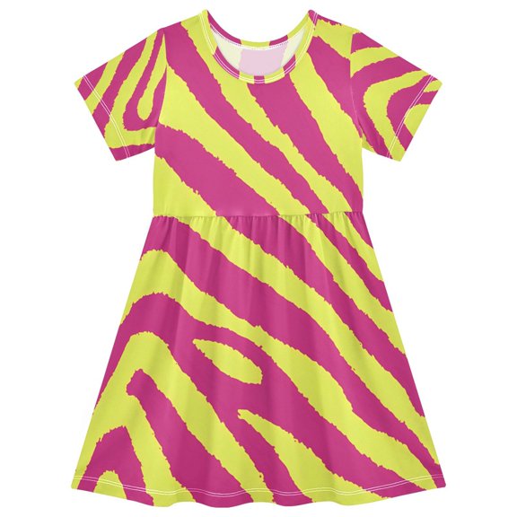 Green Dark Pink Zebra Pattern Girls Short Sleeve Dress A Line Sun Protection Breathable Comfort Sundress 3T