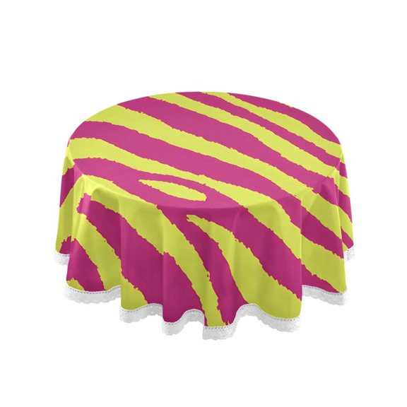 Green Dark Pink Zebra Pattern Round Lace Tablecloth 60 Inch Polyester Wrinkle Resistant Decorative