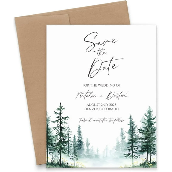 Green  the Date Wedding Invitations With Envelopes, Theme  the Date Cards For Weddings, Invitation  the Date Card With Trees, Your choice of Quantity and Envelope Color