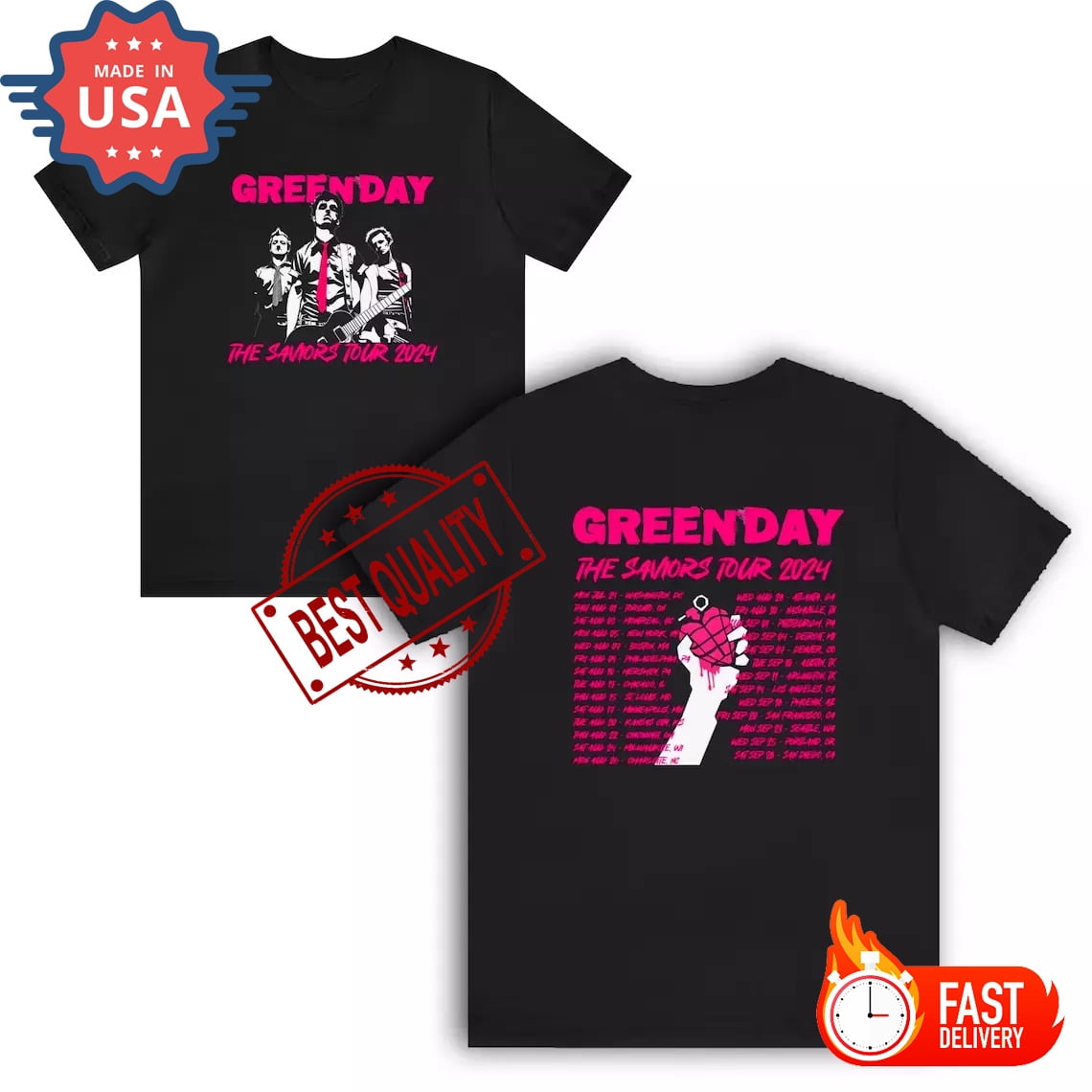 Green Day The Saviors Tour 2024 Black TShirt Gift Fans Music All Size