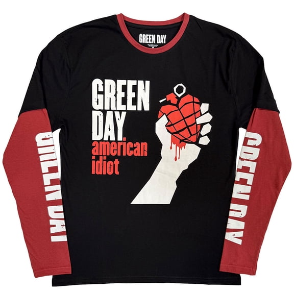 Green Day Unisex Layered Long Sleeve T-Shirt American Idiot (Black & Red) (Sleeve Print) (XX-Large)