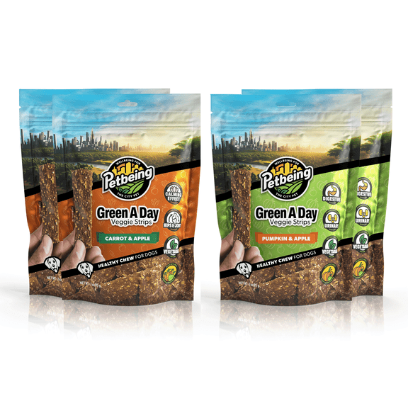 Green A Day - Veggie Strips | a Healthy Vegetarian Supplement Chew for Dogs Made with Real Fruits and Vegetables | 3 oz Bag x4 (Mix Carrot/Pumpkin - Apple Pack)