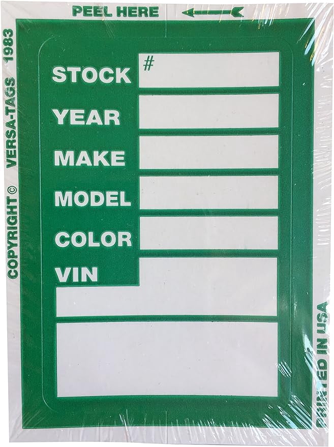 Green Dealer Stock Sticker Versa-Tags Stock Tag Versa Decal 100 Kleer ...