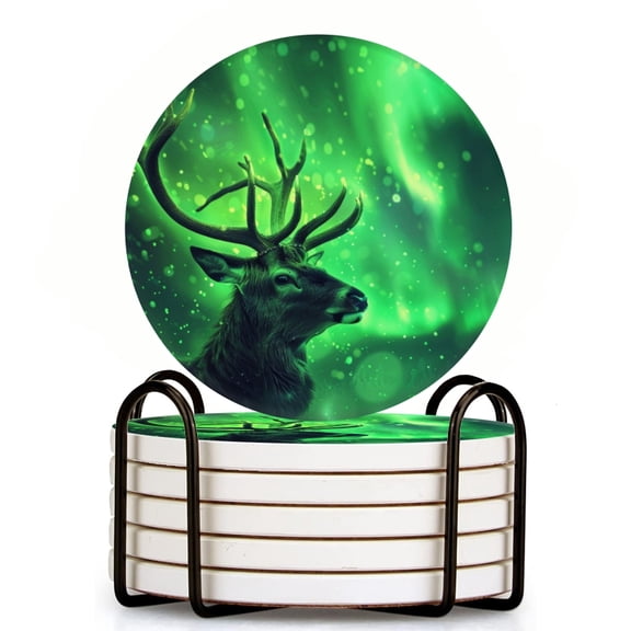 Green Deer With Antlers In The Northern Lights Set of 6 Ceramic Coasters with Holder, Absorbent Drink Bar Coasters, Table Coasters for Living Room Decor Tabletop Protection