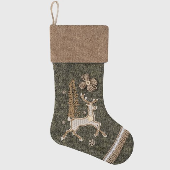 Green Deer Christmas Stocking with Tan Cuff Reindeer Applique and Jute Flower Rustic Holiday Decor