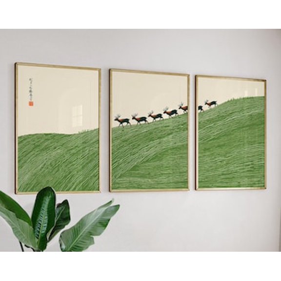Green Deer Landscape Wall Art Print Set, Minimalist Nature Posters, Modern Triptych Decor, Stretched Canvas